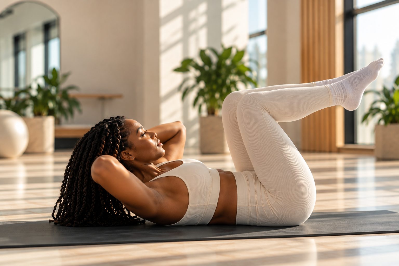 A woman doing a core exercise on her mat in warm morning light