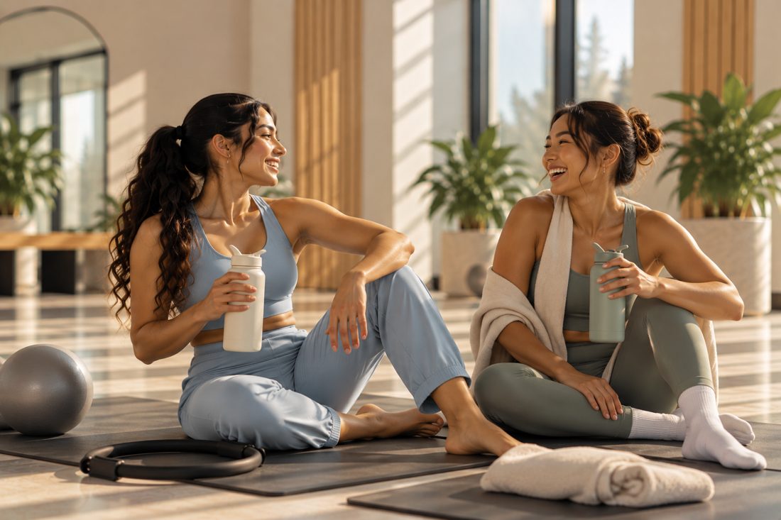 Two friends laughing together on their mats after a session