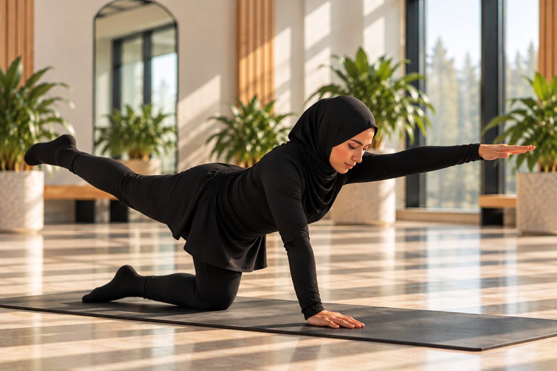 A woman in a hijab doing a balance exercise on all fours