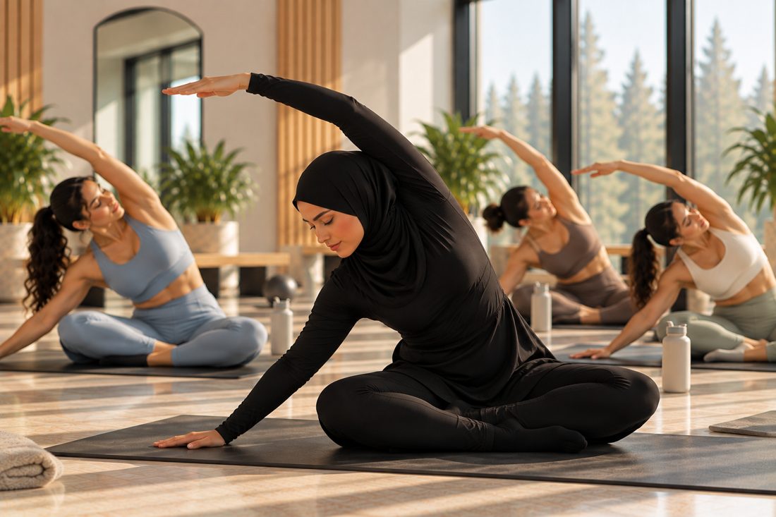 A group of women doing a seated side stretch together on their mats