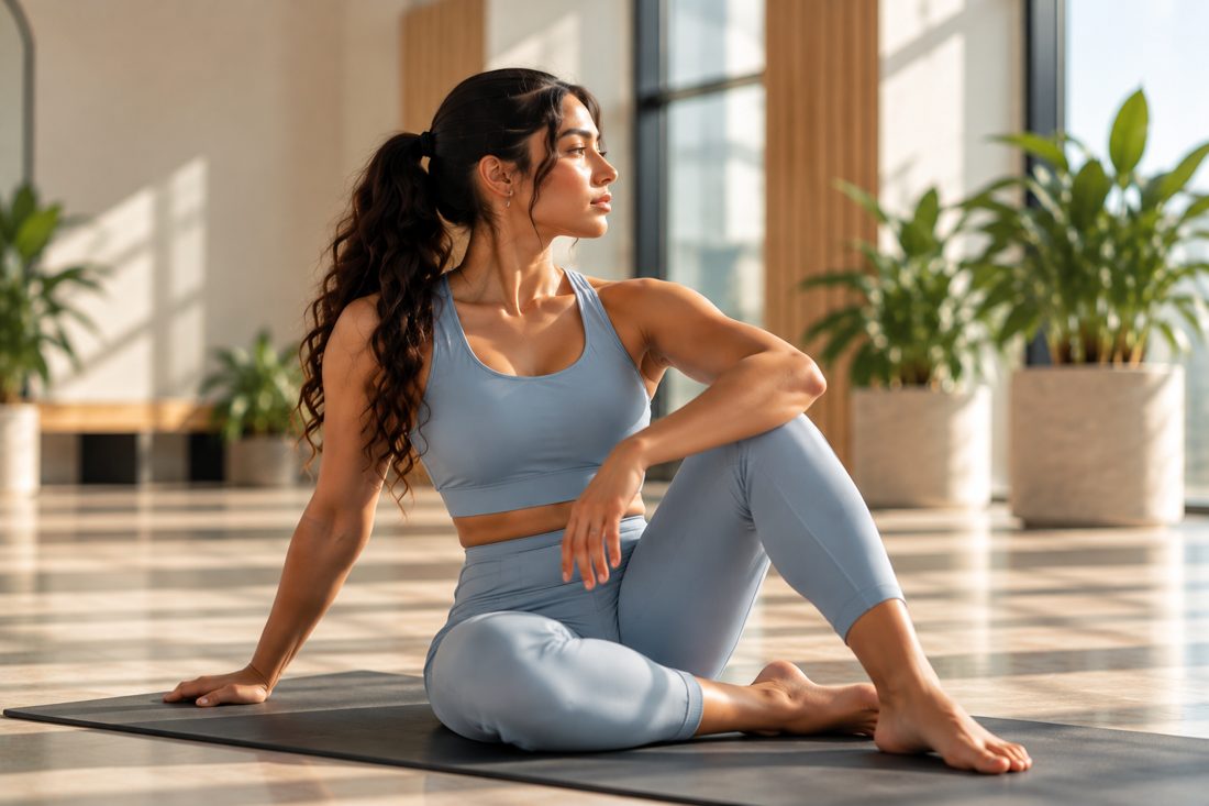A woman doing a seated twist on her mat